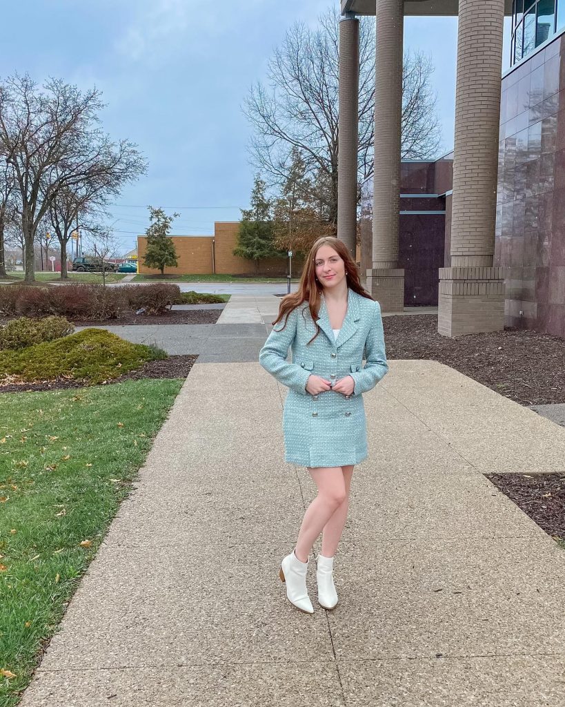 Mint Tweed Blazer Dress + White Ankle Boots + Silver Buttons