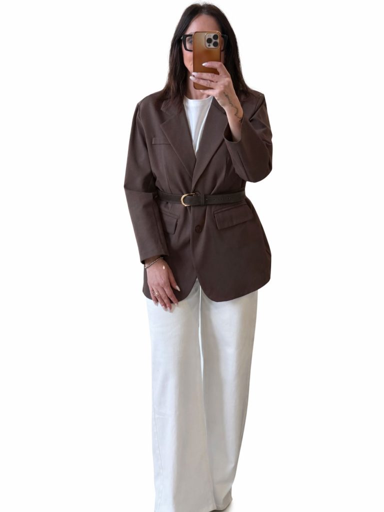 Brown Blazer + Belt + White Trousers