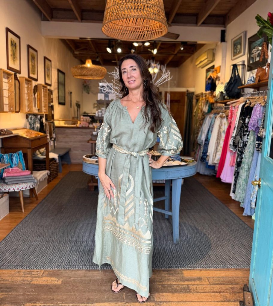 Sage Green Maxi Dress + Gold Embroidery + Tie Waist