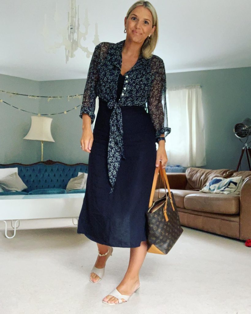 Navy Midi Dress + Sheer Floral Tie-Front Blouse
