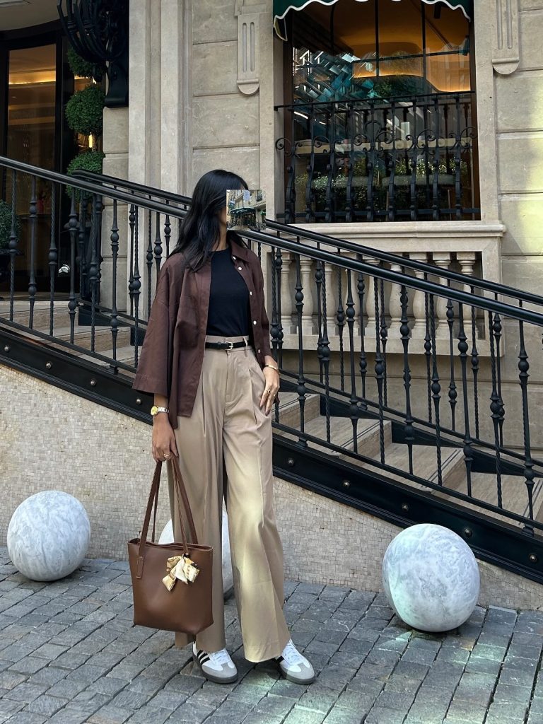 Brown Shirt + Black Top + Khaki Trousers