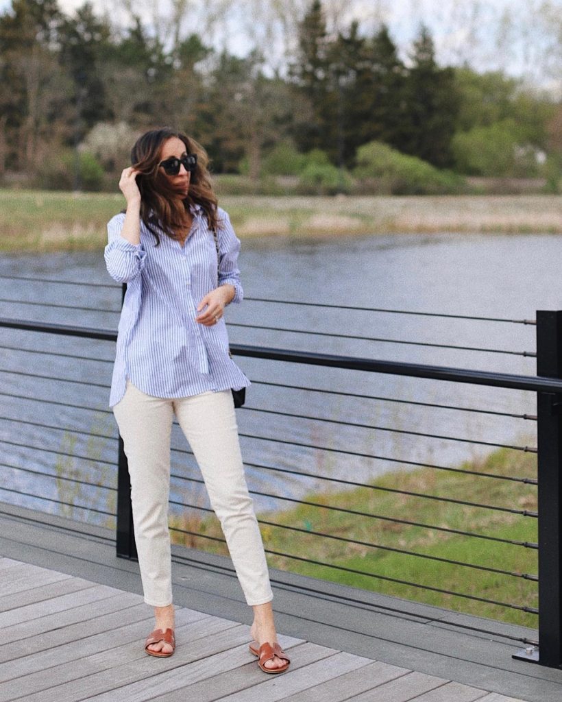 Blue Striped Button-down + Cream Slim-fit Pants + Brown Sandals