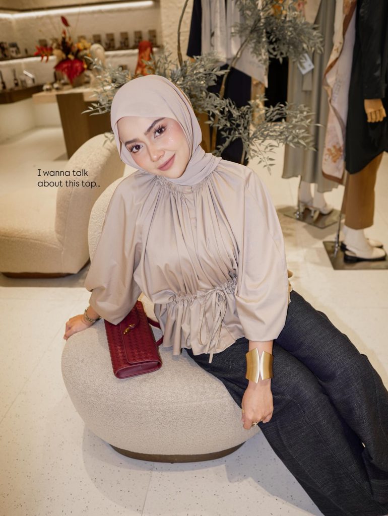 Beige Peplum Blouse + Dark Denim Trousers