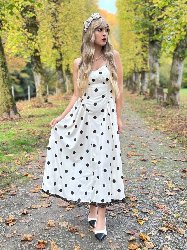 White Polka Dot Dress + Lace Hem + Matching Headband
