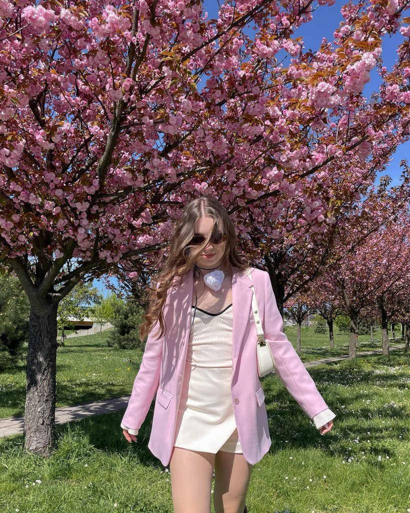 Baby Pink Blazer + Cream Mini Skirt + Floral Choker