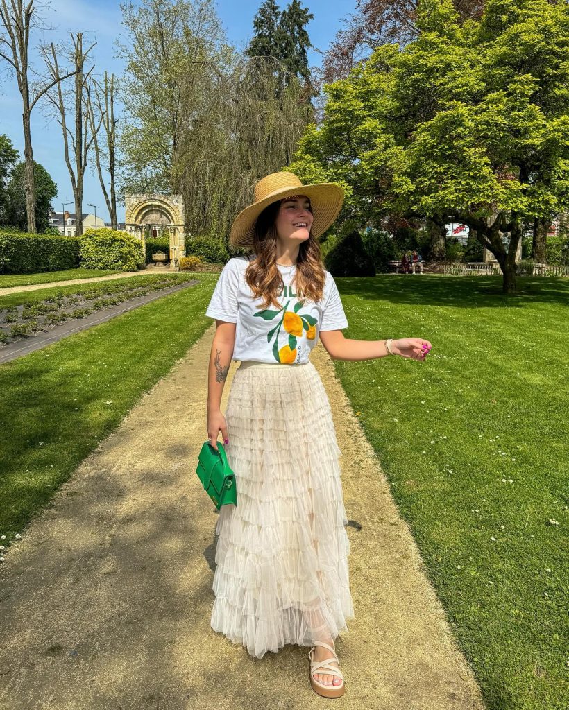 White Graphic T-Shirt + Cream Tulle Maxi Skirt