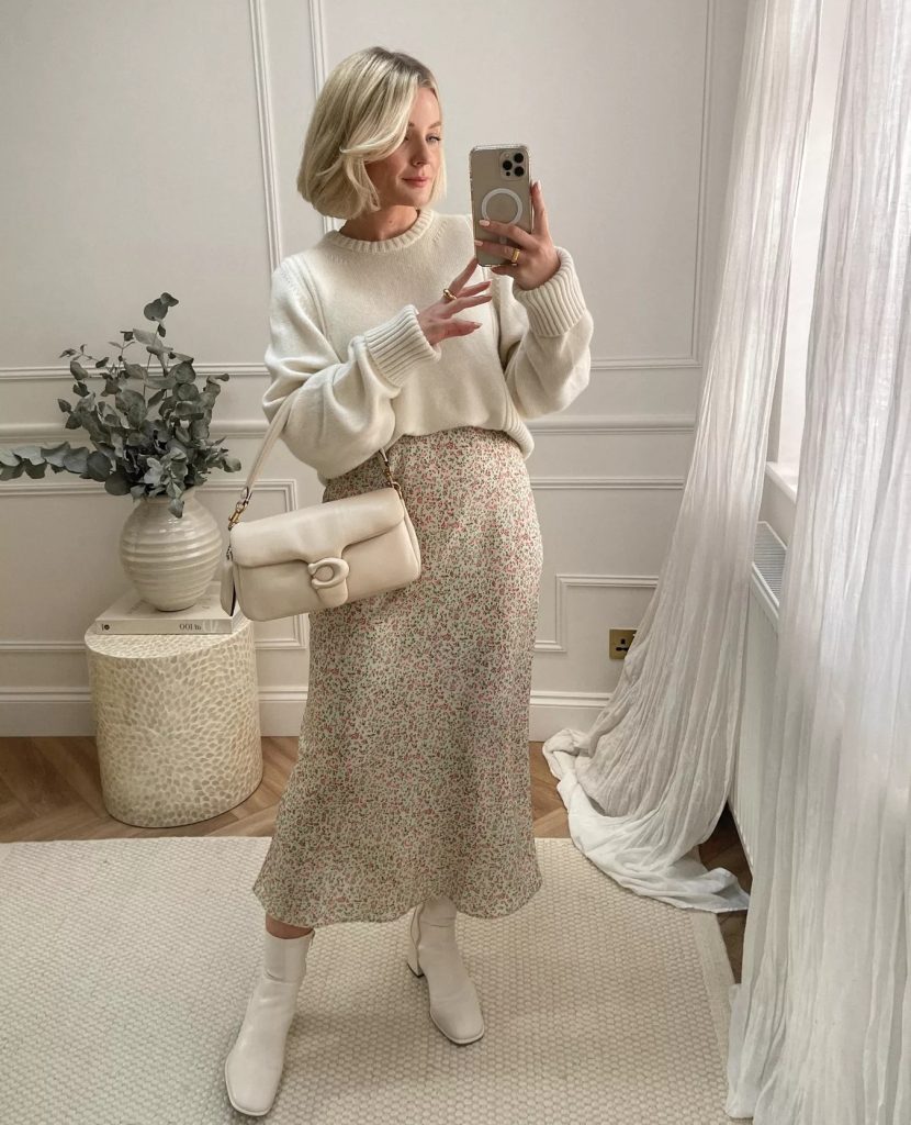 Cream Crewneck Sweater + Floral Slip Skirt + Ivory Boots