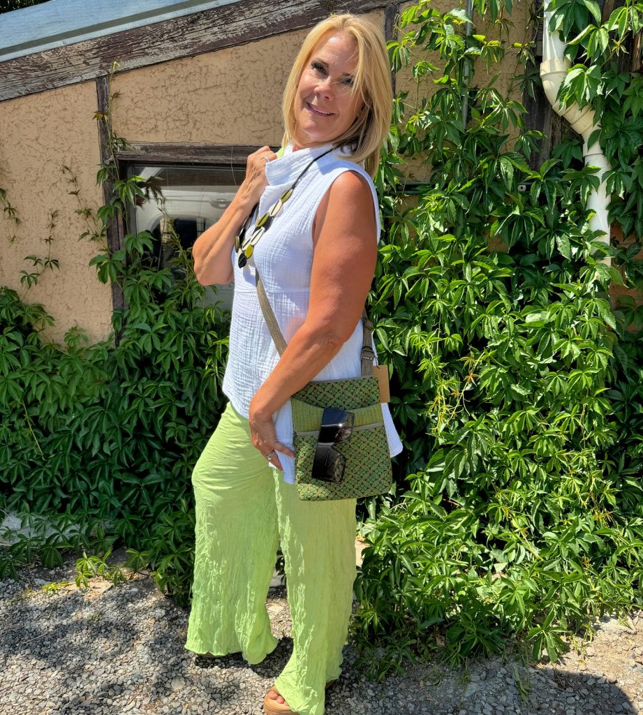 White Textured Tunic + Lime Green Wide-Leg Pants