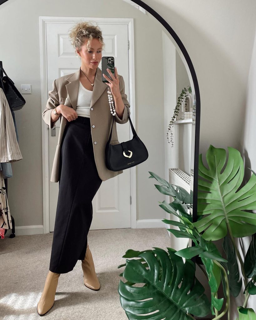 Taupe Blazer + White Tank Top + Black Maxi Skirt