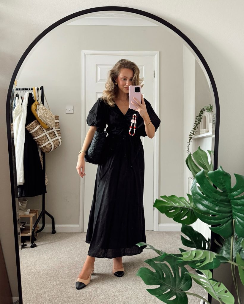 Black Puff-Sleeve Midi Dress + Black Woven Tote + Cap-Toe Pumps