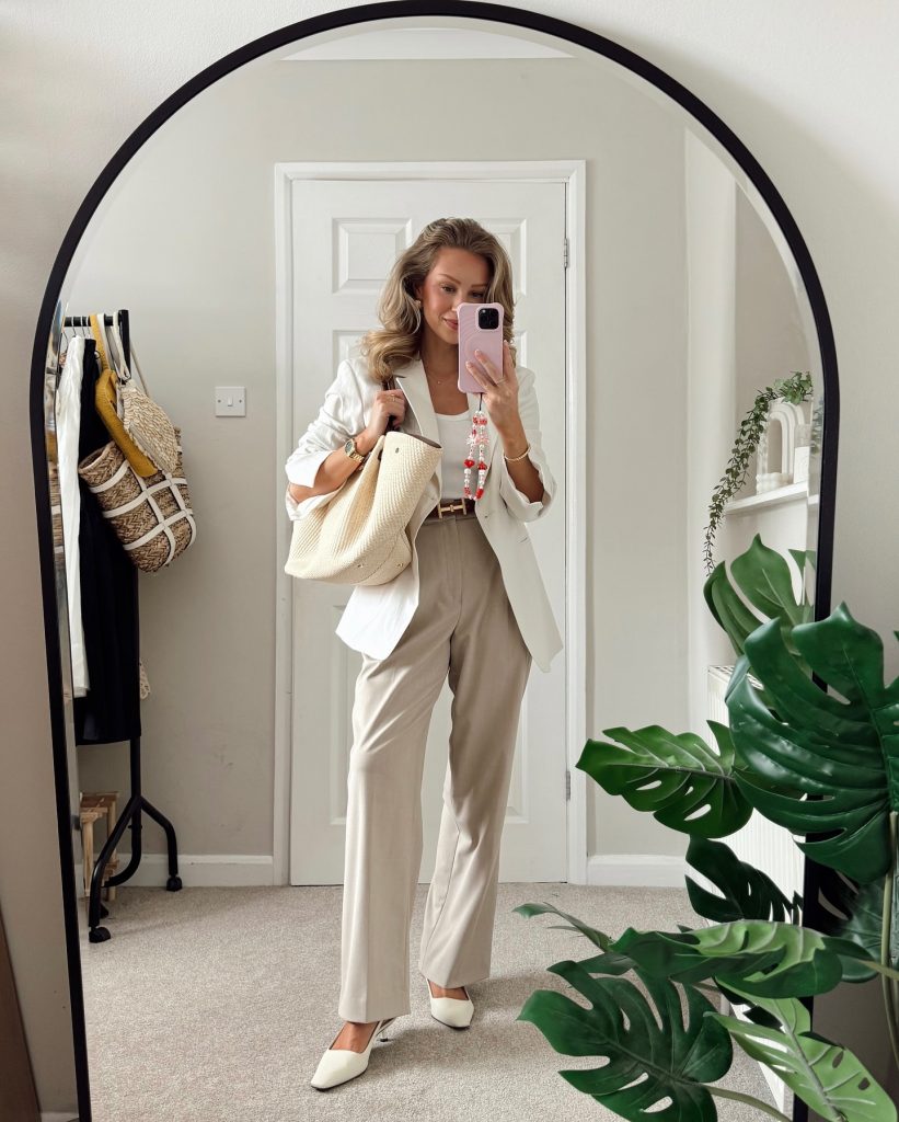  White Blazer + Scoop Neck Top + Beige Tailored Pants