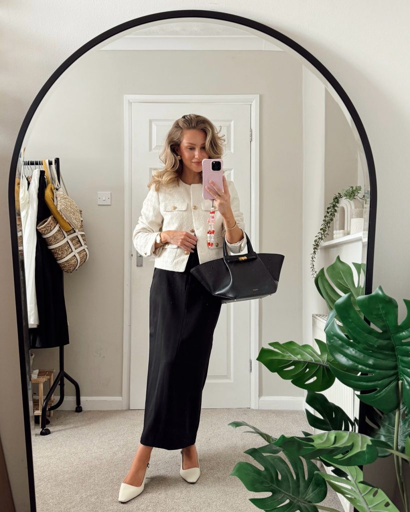 Cream Tweed Jacket + Black Maxi Skirt
