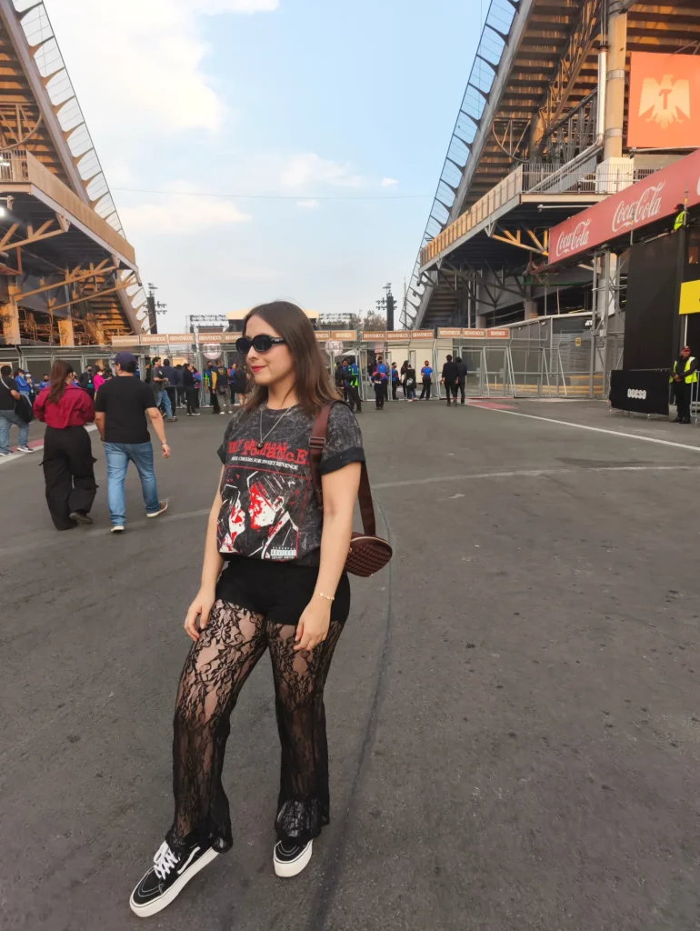 Dark Grey Graphic Tee + Lace Flare Trousers + Platform Sneakers