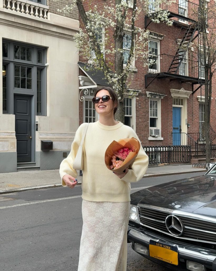  Cream Ribbed Sweater + Lace Midi Skirt + Oval Sunglasses