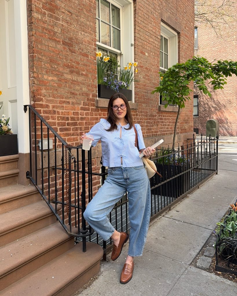 Blue Striped Blouse + Baggy Jeans + Brown Loafers