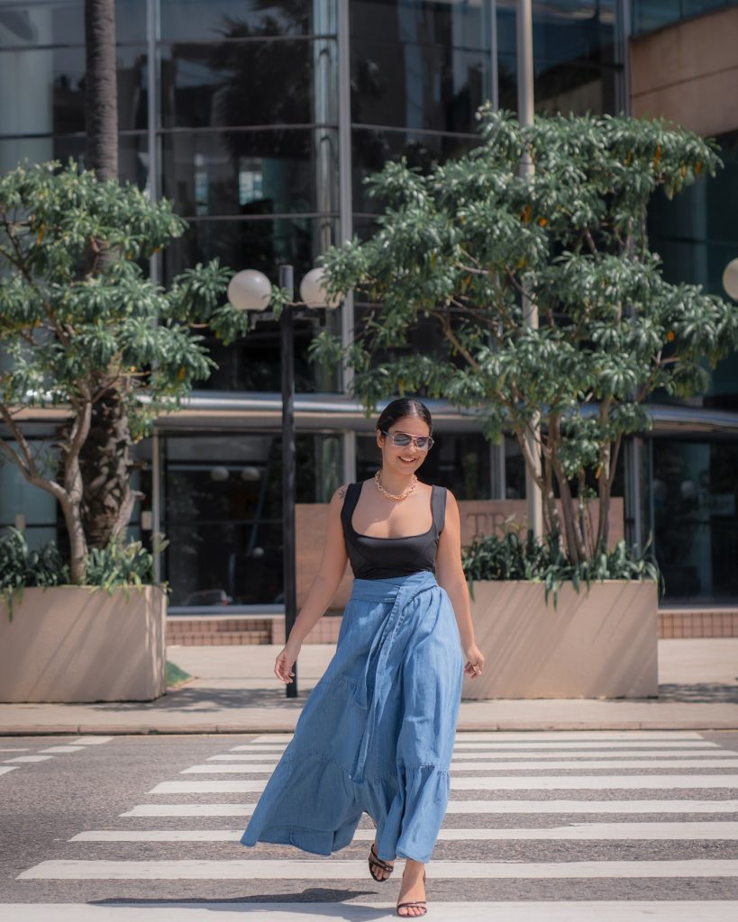 Blue Denim Maxi Skirt + Black Square-Neck Bodysuit + Gold Link Necklace