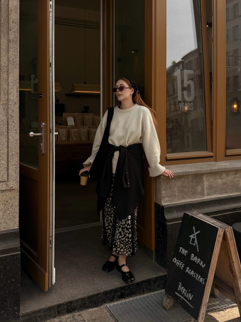 Cream Oversized Sweater + Floral Maxi Skirt + Black Mary Janes