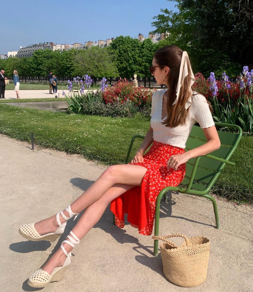 White Ribbed Top + Red Floral Midi Skirt + Espadrille Wedges