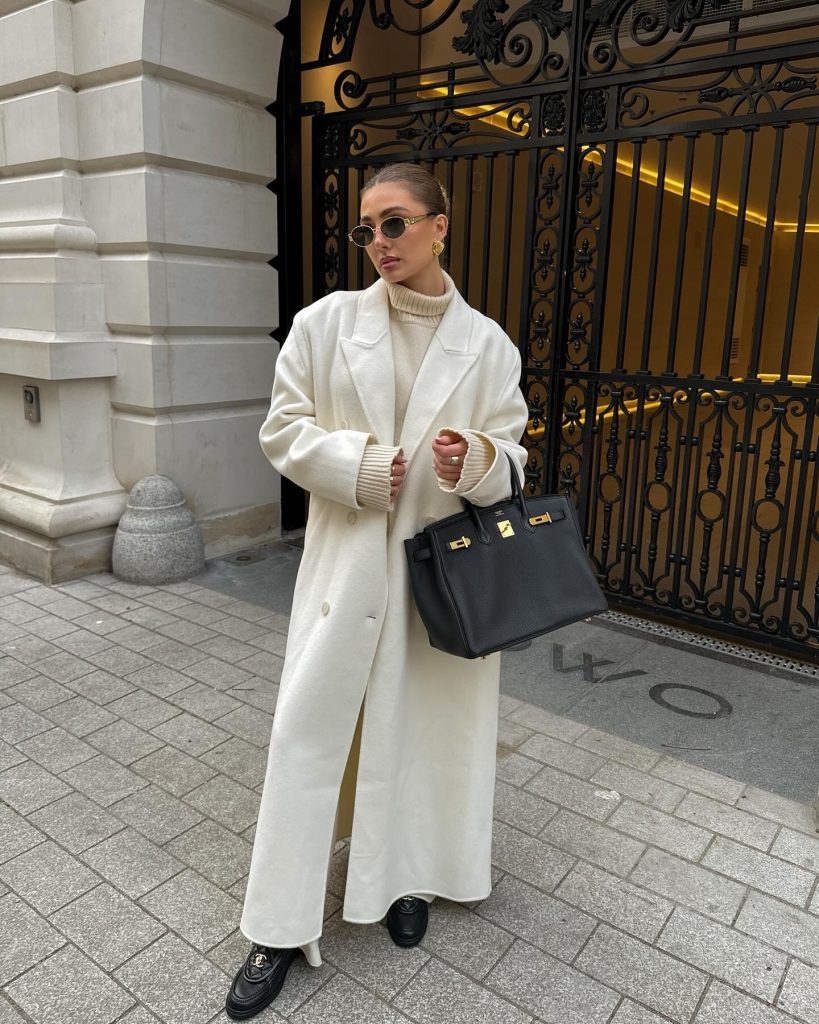 Cream Long Coat + Turtleneck Knit + Wide-leg Trousers