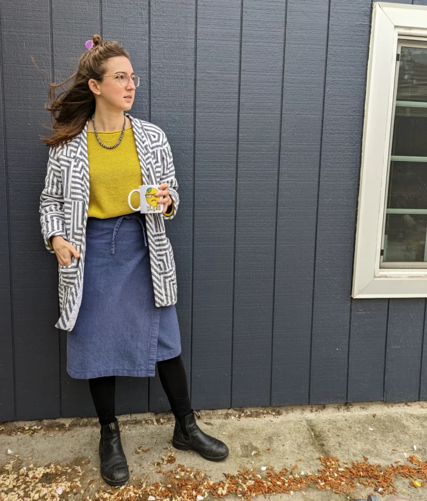Patterned Cardigan + Mustard Knit Top + Blue Wrap Skirt