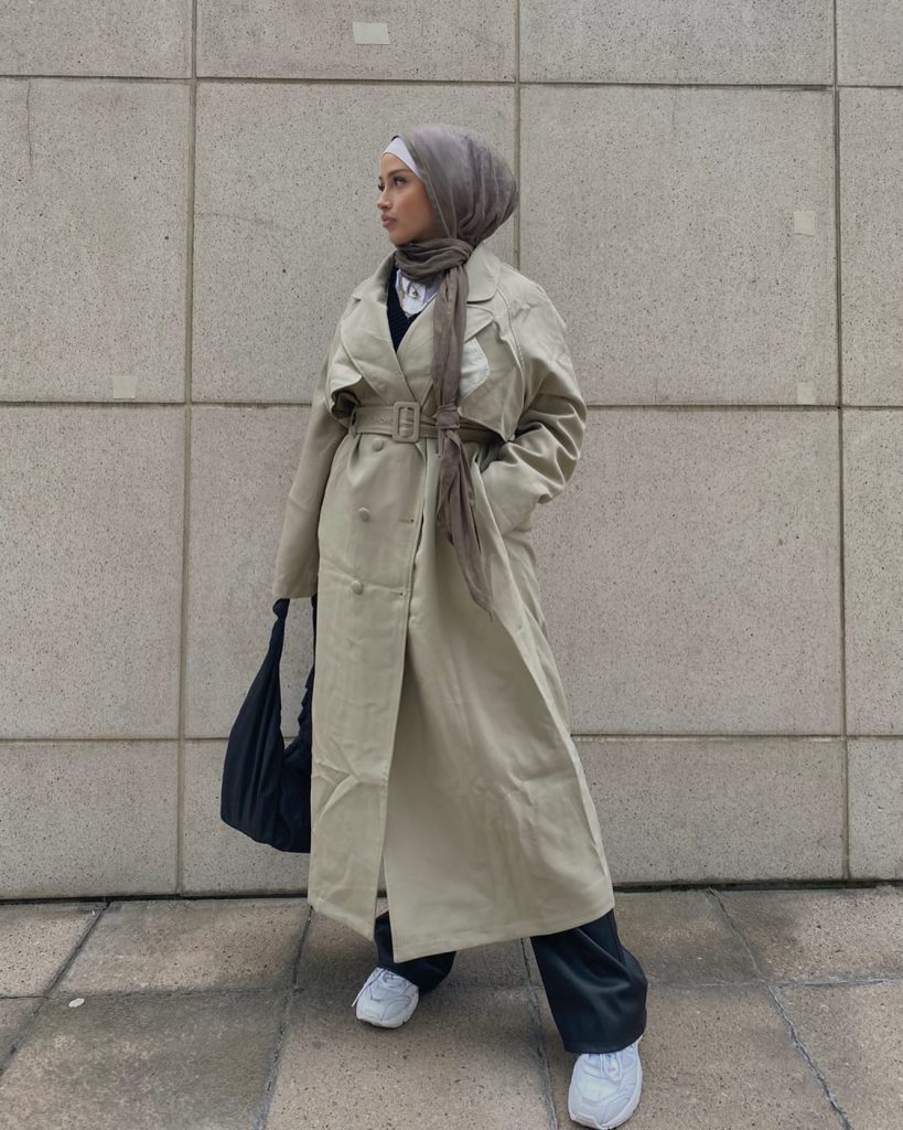 Beige Trench Coat + Leather Trousers + Grey Textured Hijab