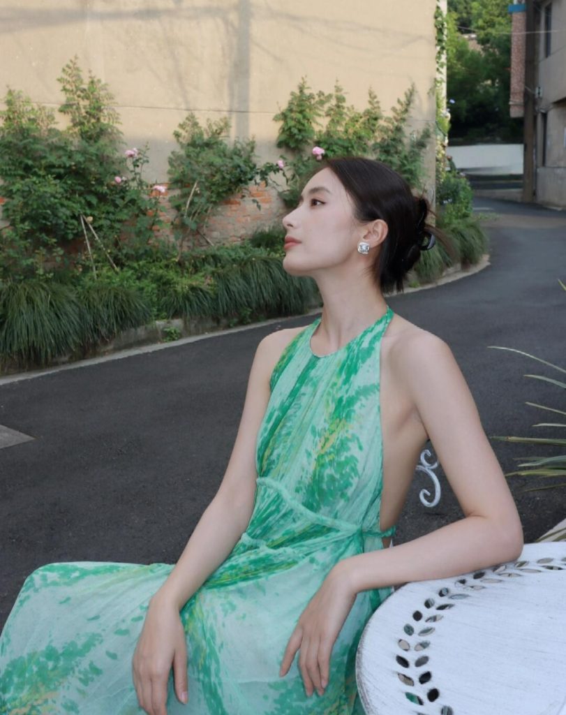 Green Watercolor Halter Dress + Crystal Stud Earrings + Claw Clip