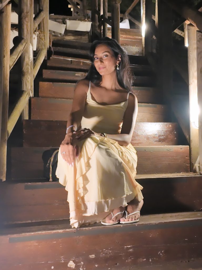 Pale Yellow Ruffled Slip Dress + White Strappy Sandals + Silver Bracelet