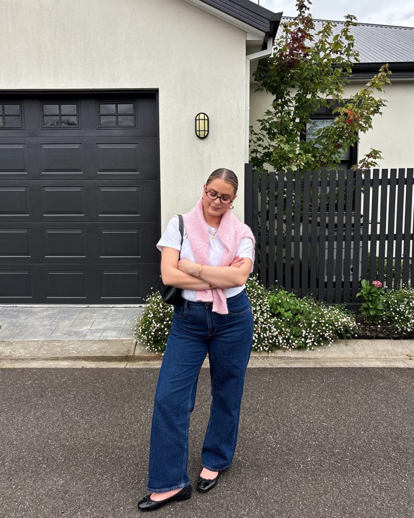 Pink Knit Sweater + White T-shirt + Dark Wash Jeans