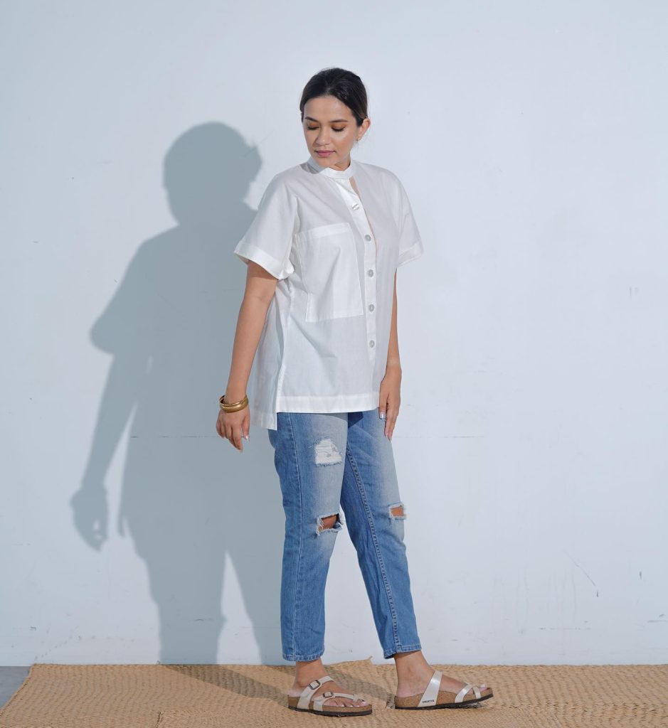 White Short-Sleeve Button-Up + Distressed Slim Jeans