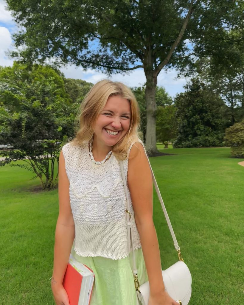 White Knit Vest + Pale Green Silk Skirt