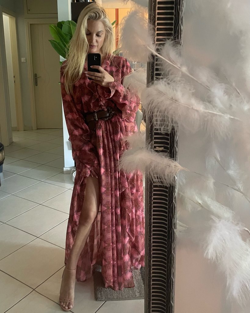 Pink Paisley Maxi Dress + Western Tooled Belt + Nude Heeled Sandals