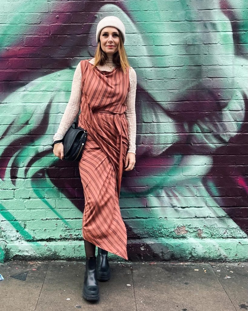 Rust Striped Midi Dress + White Lace Top + Black Platform Boots