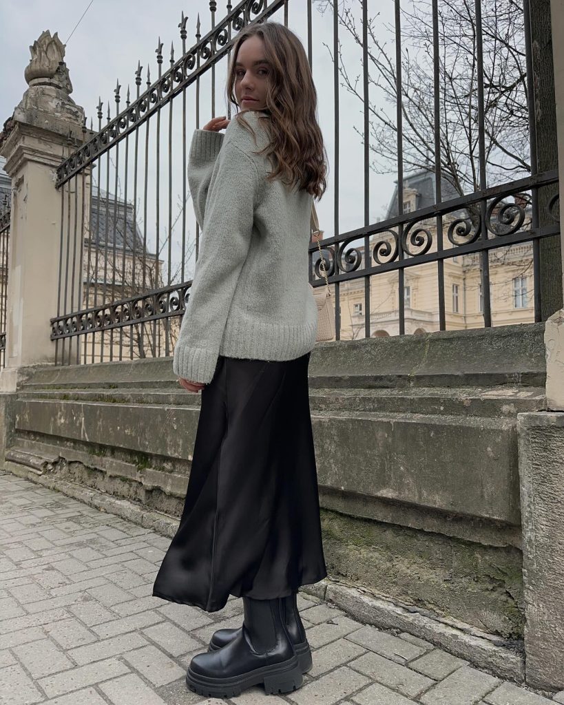 Grey Oversized Sweater + Black Satin Slip Skirt + Chunky Chelsea Boots