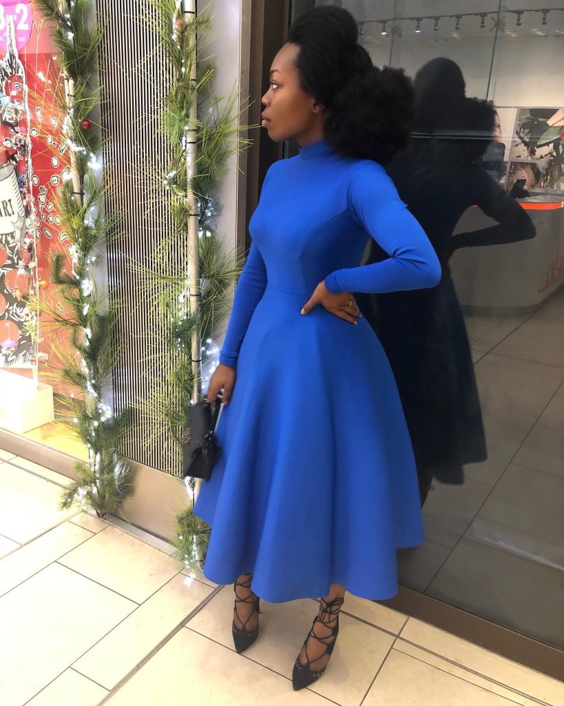 Royal Blue Fit-and-Flare Dress + Lace-up Heels + Black Micro Bag