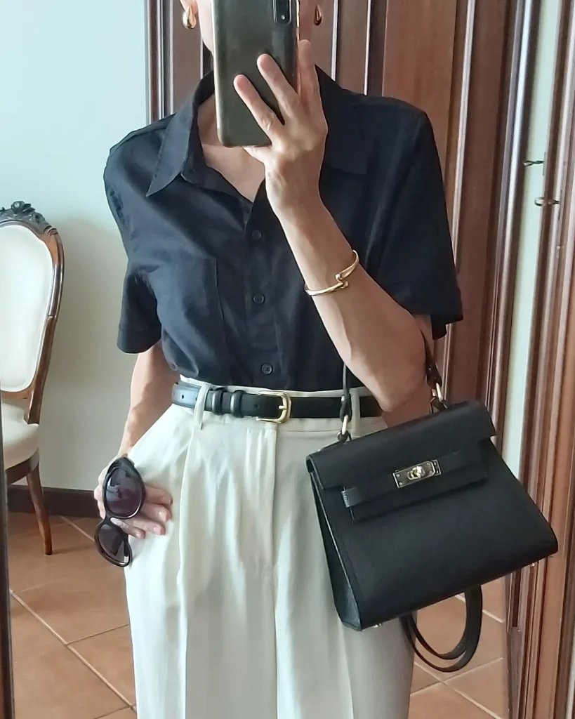Black Short-Sleeve Button-Up + White Pleated Trousers + Black Gold-Hardware Belt