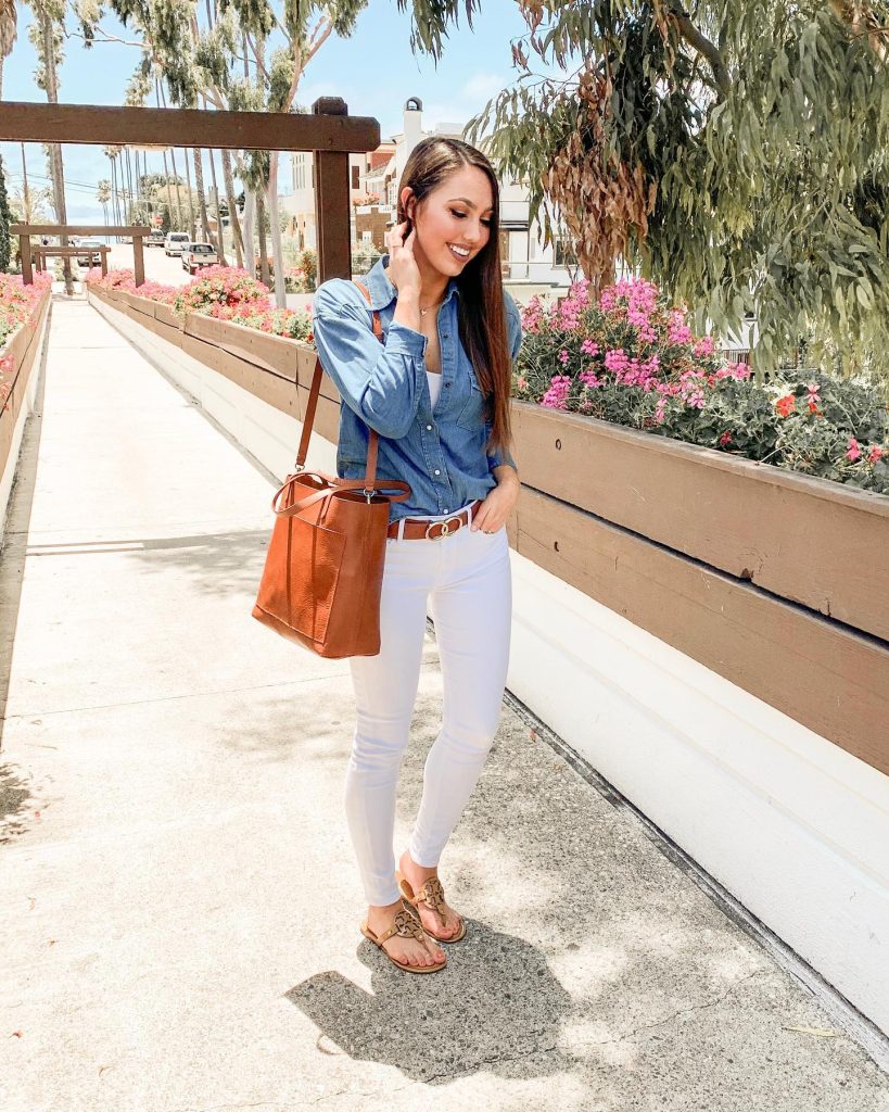 Blue Denim Shirt + White Skinny Jeans + Tan Thong Sandals