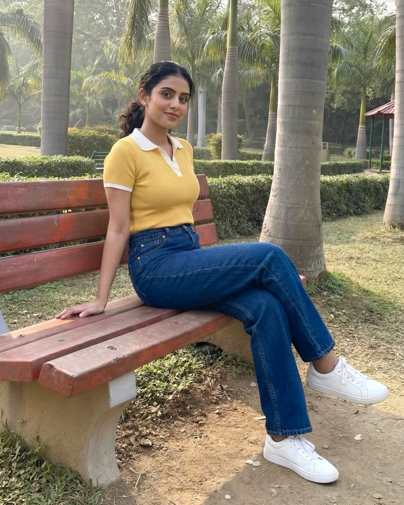 Yellow Polo Shirt + High-Waisted Jeans + White Sneakers