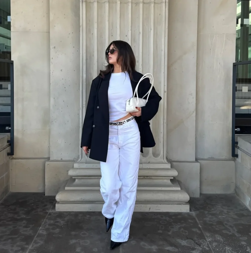 Black Oversized Blazer + White Wide-Leg Jeans + White Top Handle Bag