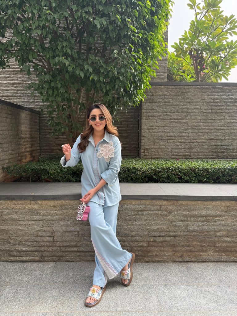 Powder Blue Embroidered Co-ord Set + Embellished Slides