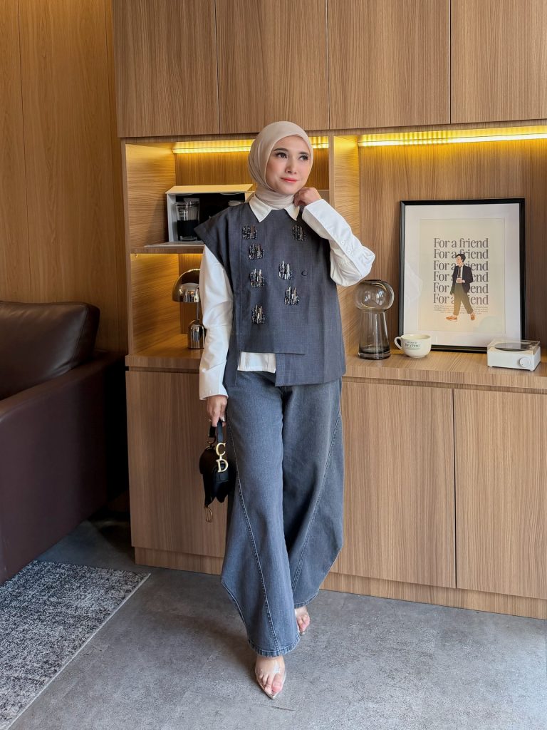 Grey Embellished Vest + White Collared Shirt + Wide-Leg Denim