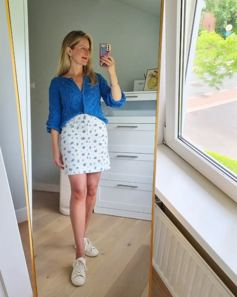 Blue Eyelet Cardigan + White Floral Mini Skirt + White Sneakers