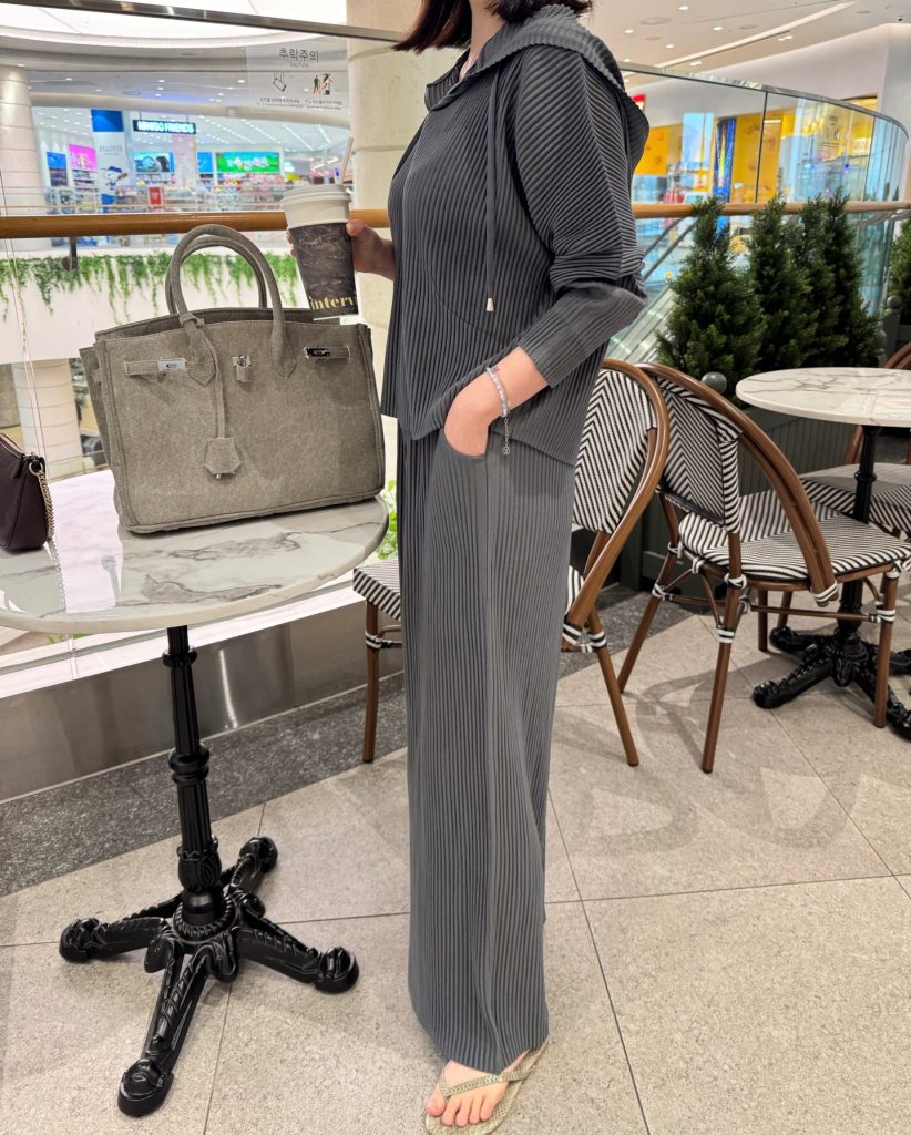 Charcoal Pleated Set + Oversized Grey Tote + Thong Sandals
