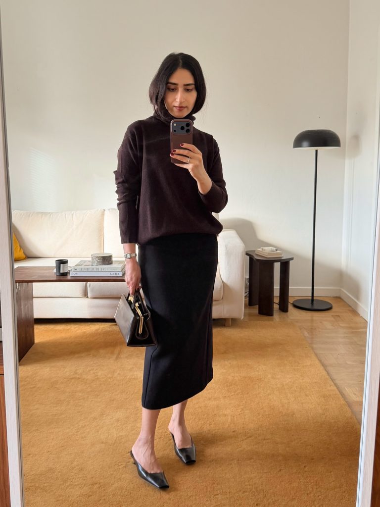 Dark Brown Turtleneck + Black Column Skirt + Leather Mules