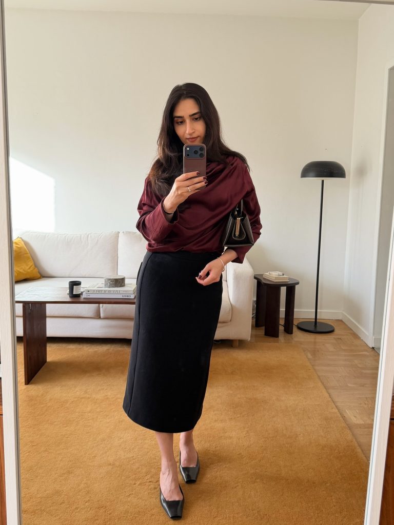 Burgundy Satin Blouse + Black Midi Skirt + Square-Toe Mules
