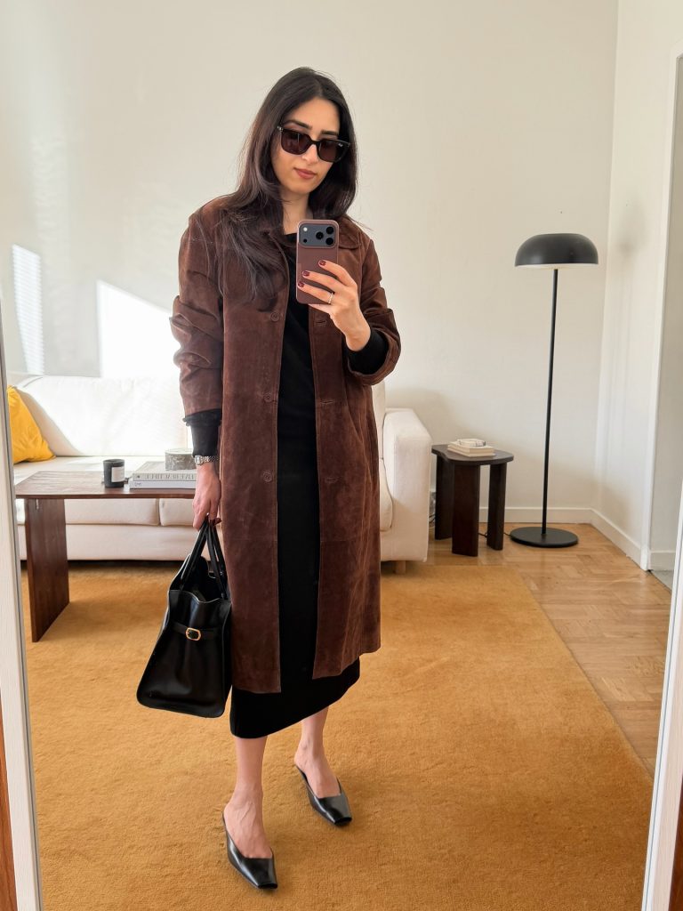 Brown Suede Trench + Black Maxi Dress + Dark Sunglasses