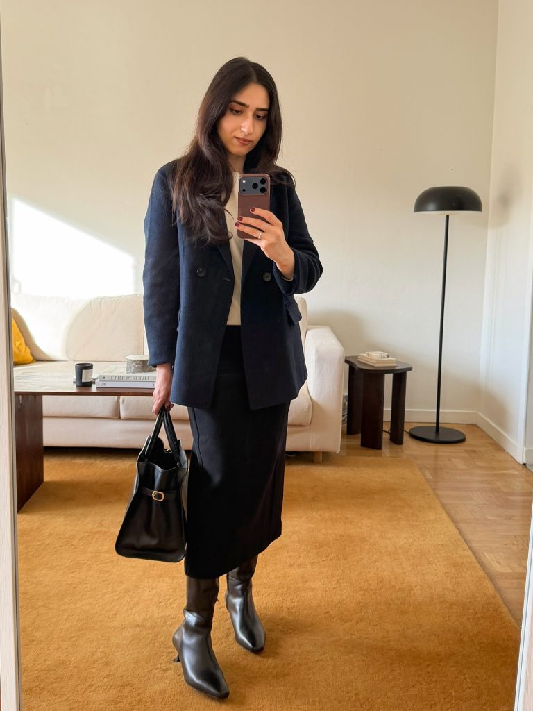  Navy Double-Breasted Coat + Black Midi Skirt + Knee-High Boots