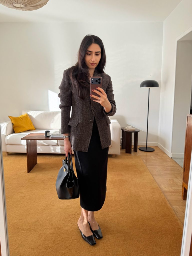 Brown Textured Blazer + Black Midi Skirt + Square-Toe Mules