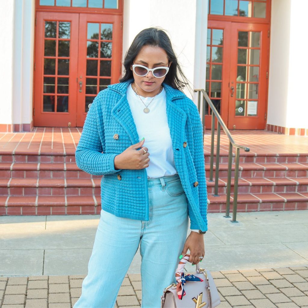 Teal Textured Jacket + White Tee + Light Wash Jeans