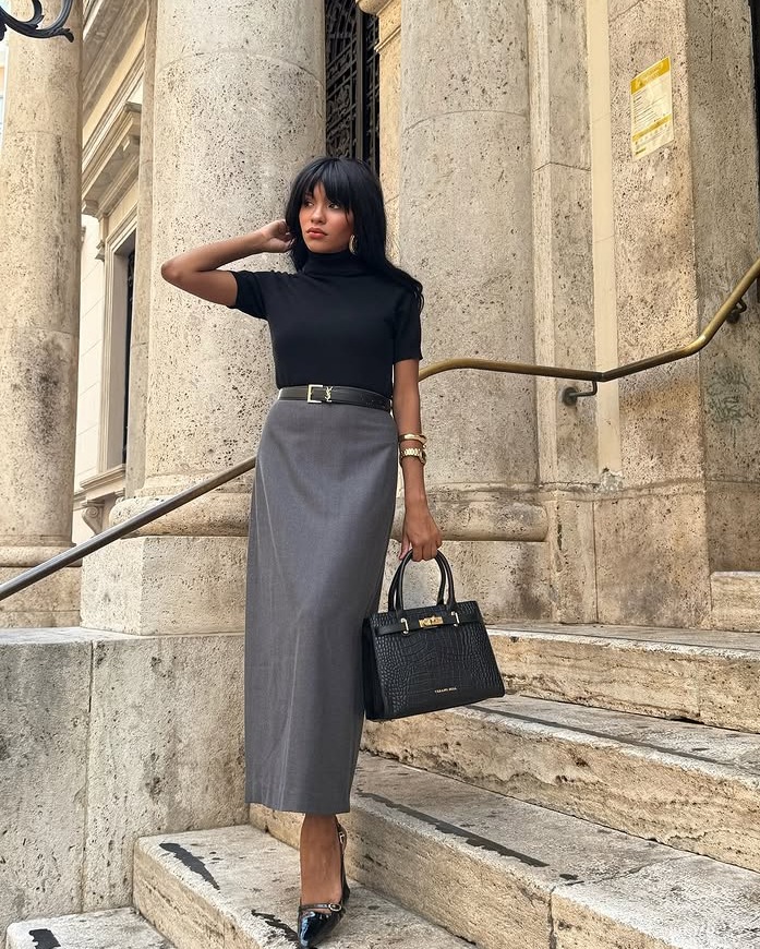 Black Short-Sleeve Turtleneck + Grey Column Maxi Skirt