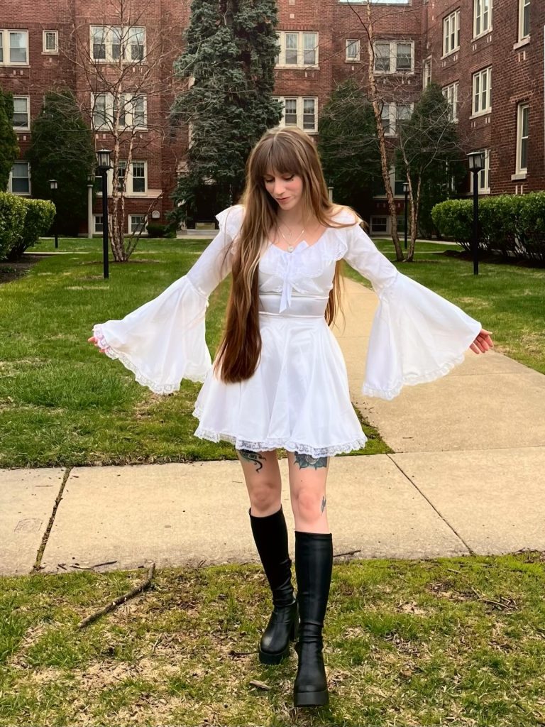 White Minidress + Bell Sleeves + Knee Boots